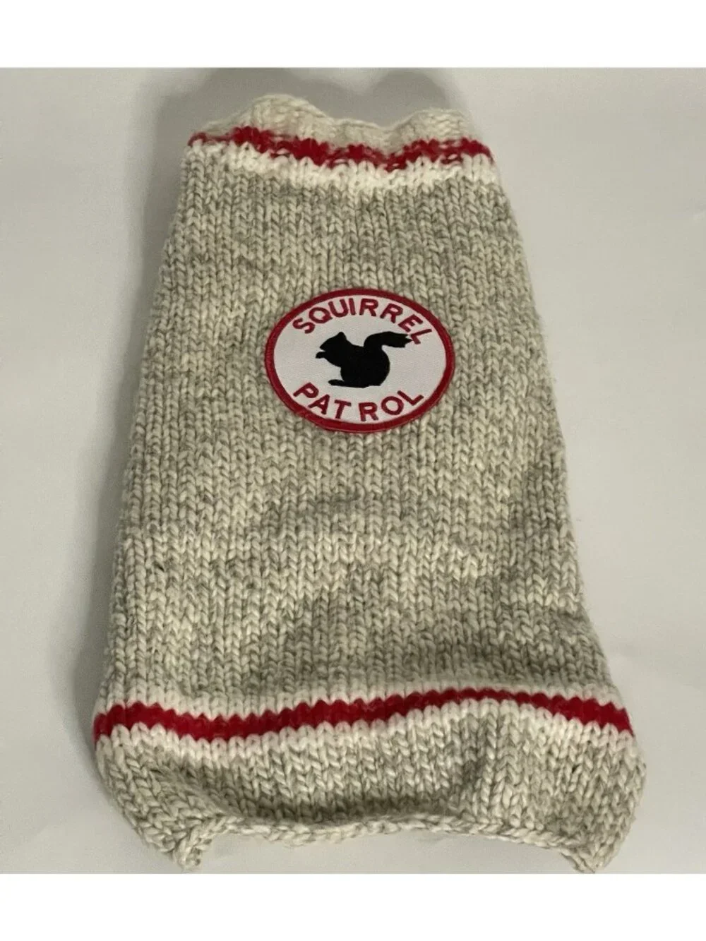 Chilly Dog Squirrel Patrol 100% Wool Hand Knit Dog Sweater Gray Red 14