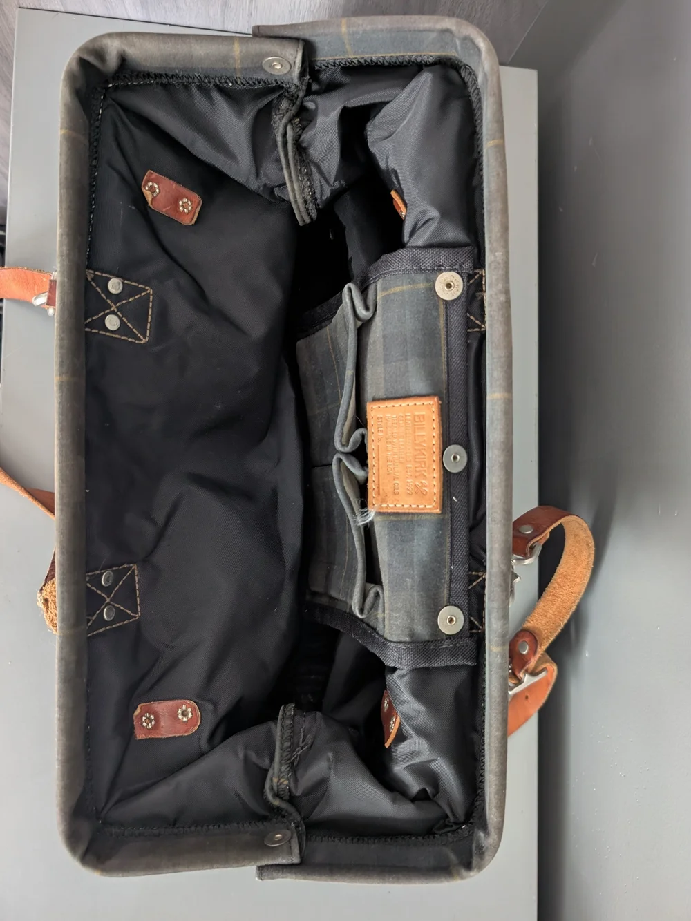 Billy Kirk Leather-Trim Brown, Black And Forest Plaid Men’s Travel Duffel