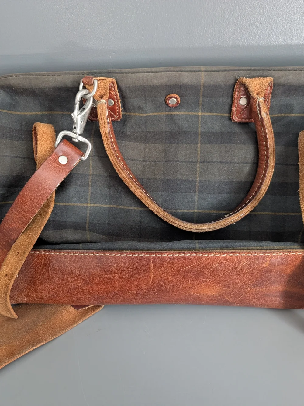 Billy Kirk Leather-Trim Brown, Black And Forest Plaid Men’s Travel Duffel