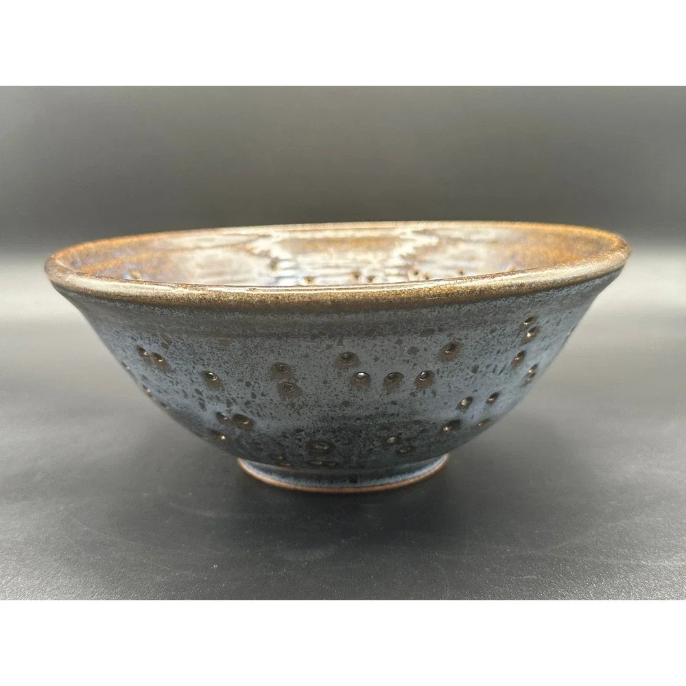 Artist Signed Studio Pottery Berry Bowl Colander Blue Bronze Speckled Stoneware
