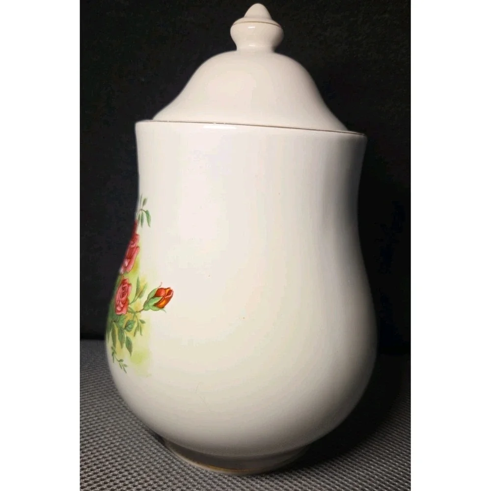 Vntg Ceramic Lidded Canister White With Rose Design 10 In Tall
