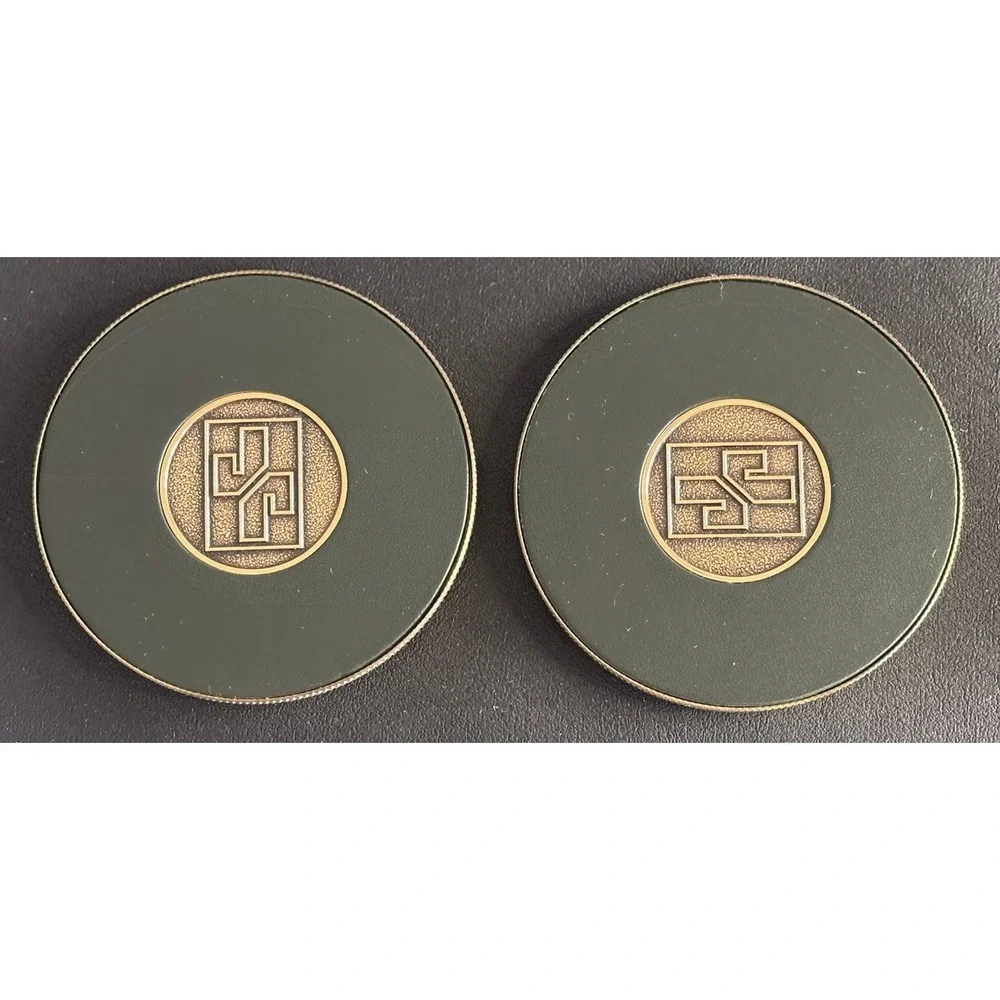 2 Piece Set of Vtg Asian Chinese Character Brass Detail Coasters w Wood Holder
