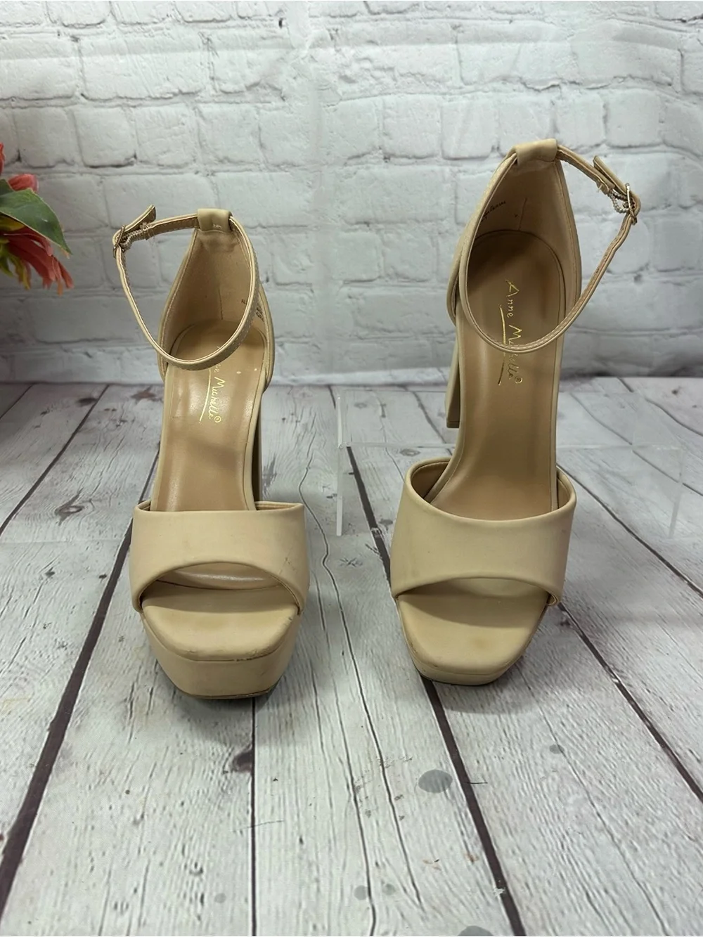 Anne Michelle Beige Platform Ankle-Strap Block Heels women 6 neutral minimalist