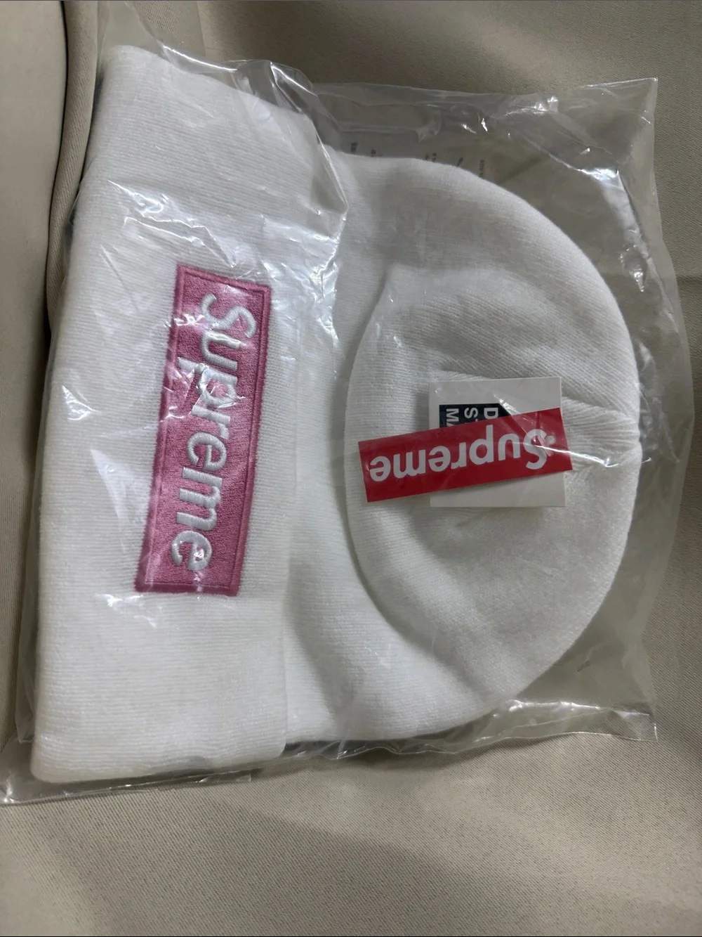 Adult Supreme White & Pink unisex Knit Beanie with Embroidered Logo