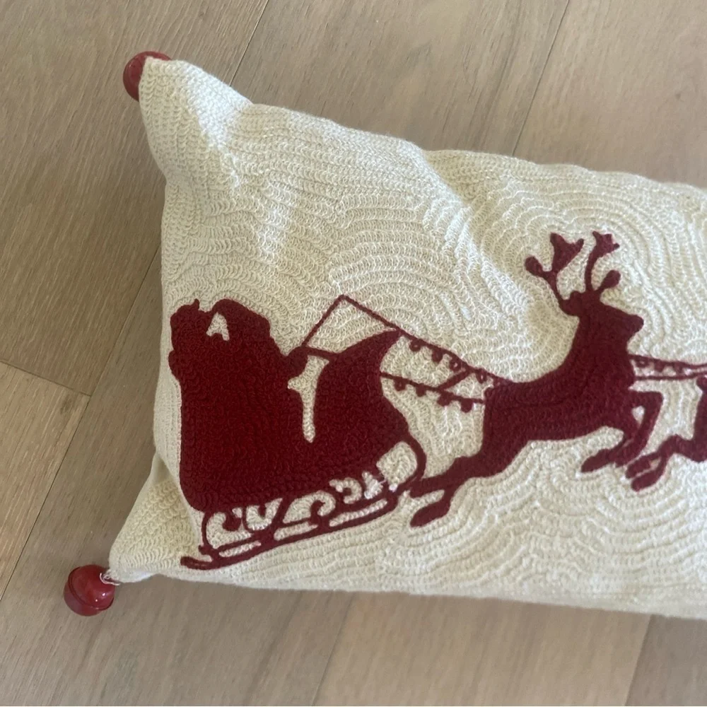 Pottery Barn Crewel Christmas Pillow Santa Reindeer Sleigh Bells 24 x 12
