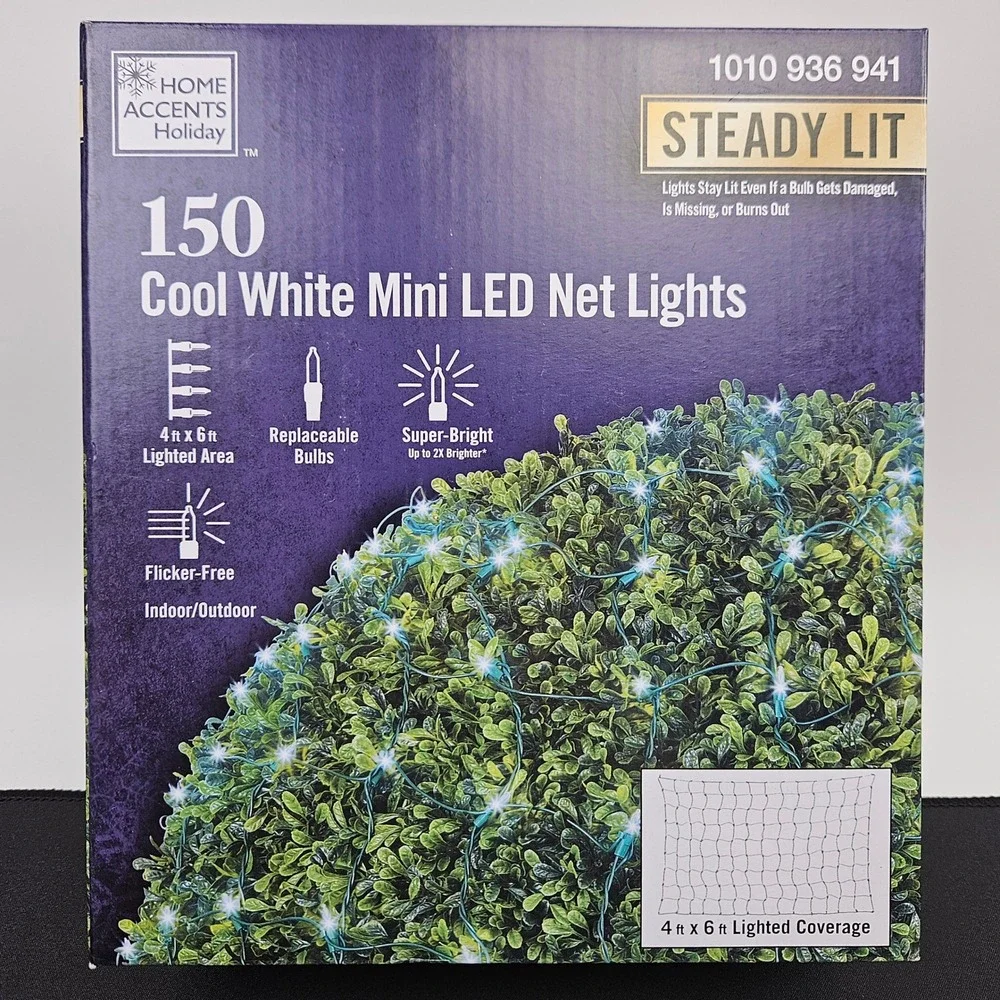 Home Accents Holiday 150 Cool White Mini LED Net Lights‎ Steady Lit 4ft x 6ft