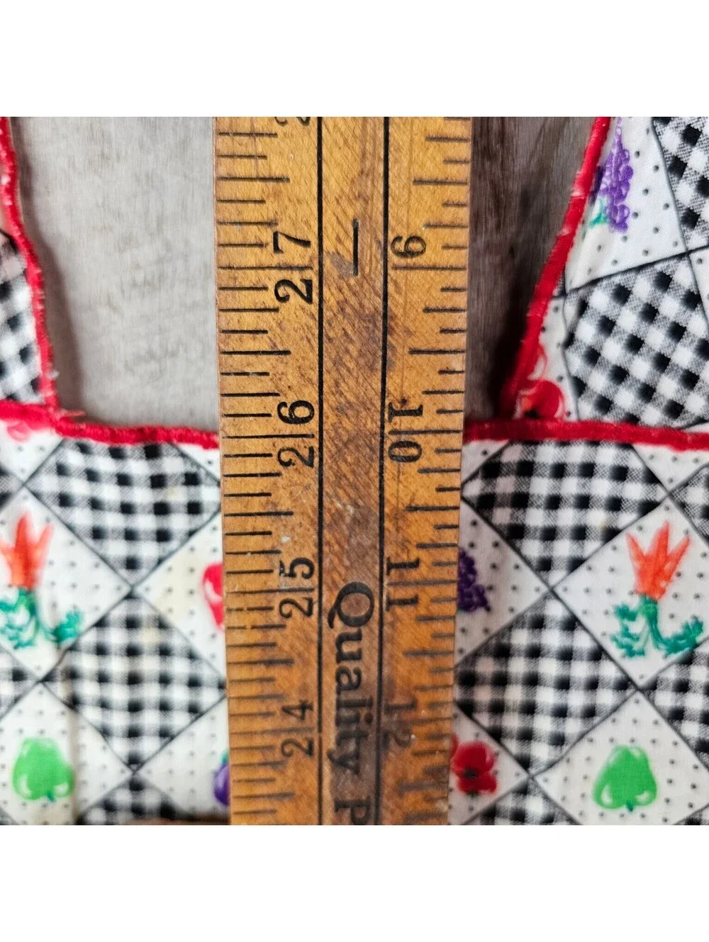 Vintage Gingham Apron Black White Red Trim Fruits Vegetables Floral Pattern