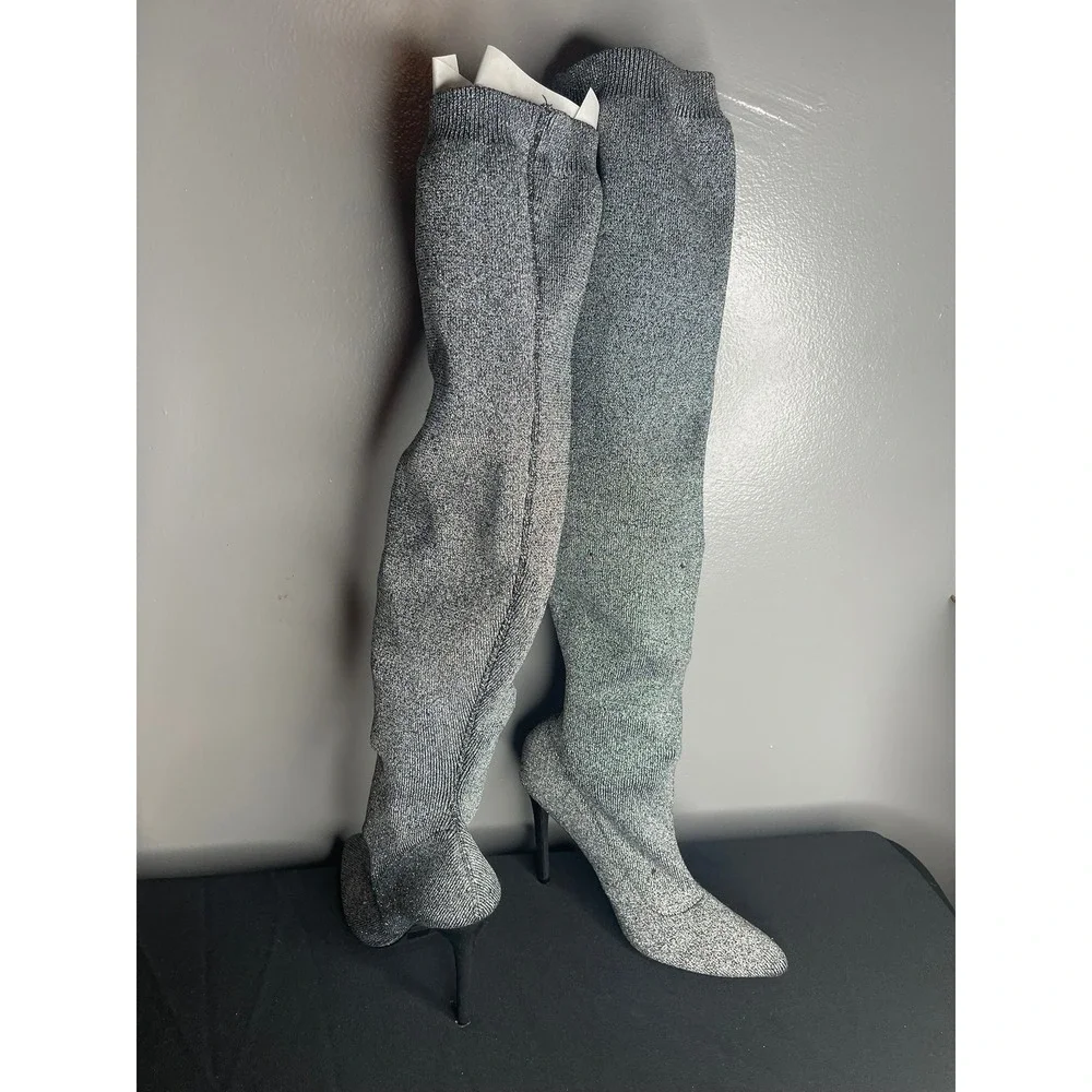 Veronique WC Silver Metallic Knit Over The Knee Thigh High Stiletto Boots 8.5 39