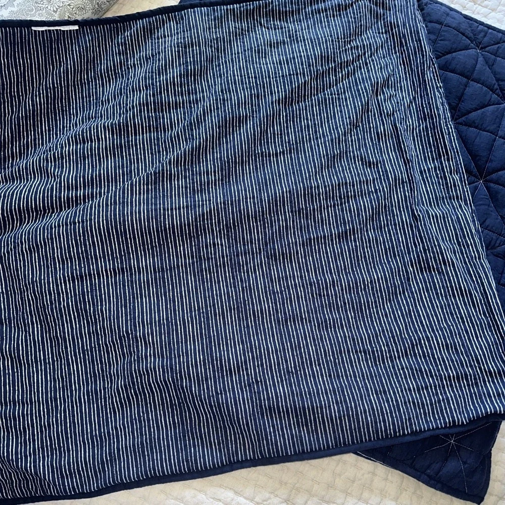 West Elm Nomad Quilted Euro Shams Pair Deep Sea Navy‎ Blue Solid Stripe Bedding