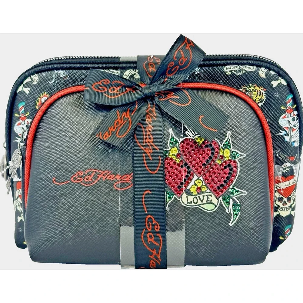 Ed Hardy Cosmetic Bag 2 Pc Set Rhinestone Hearts Skull Rose‎ Tattoo Makeup Case