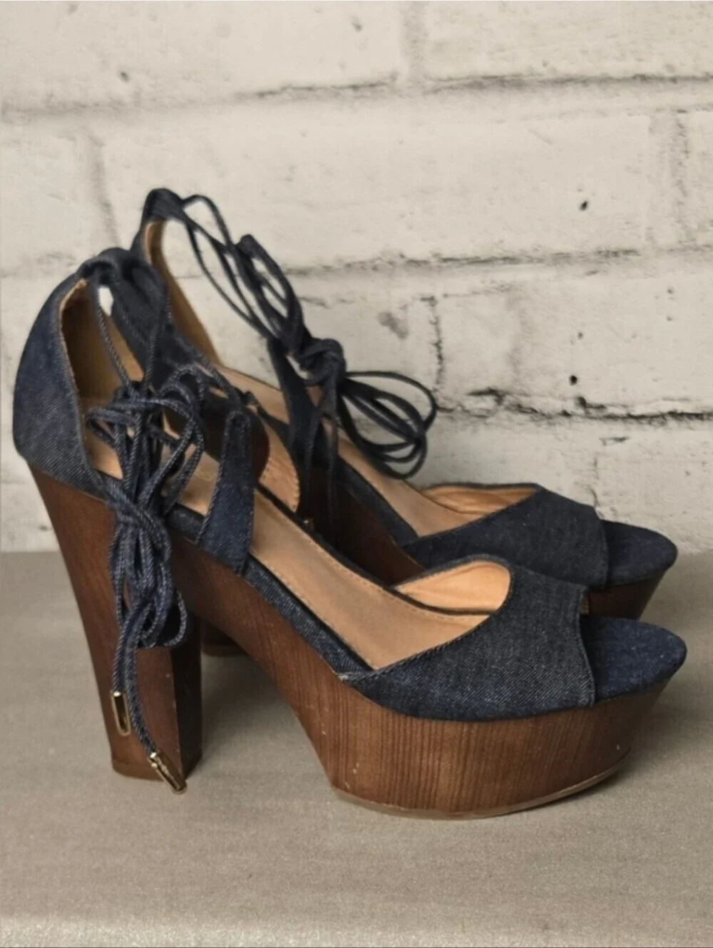 Brash Denim Lace Up Platform Heels Chunky Wooden Sandals Size 8.5