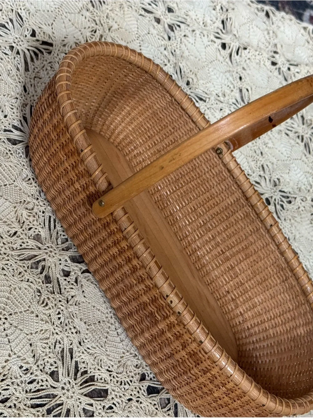 Vintage Woven Basket with Quilted Fabric Liner & Wood Handle Cottage Decor