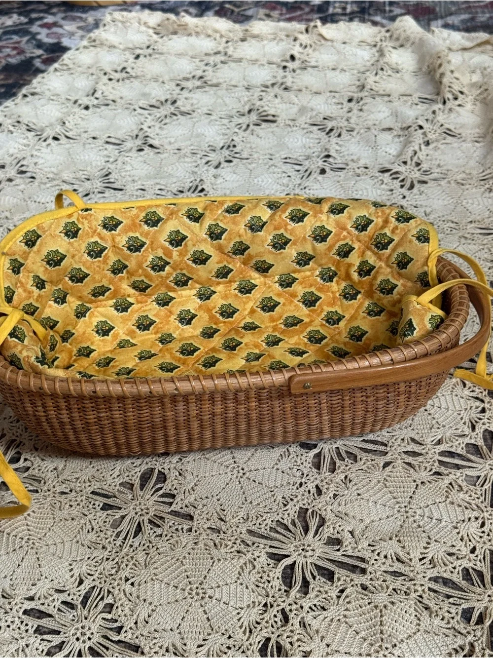 Vintage Woven Basket with Quilted Fabric Liner & Wood Handle Cottage Decor
