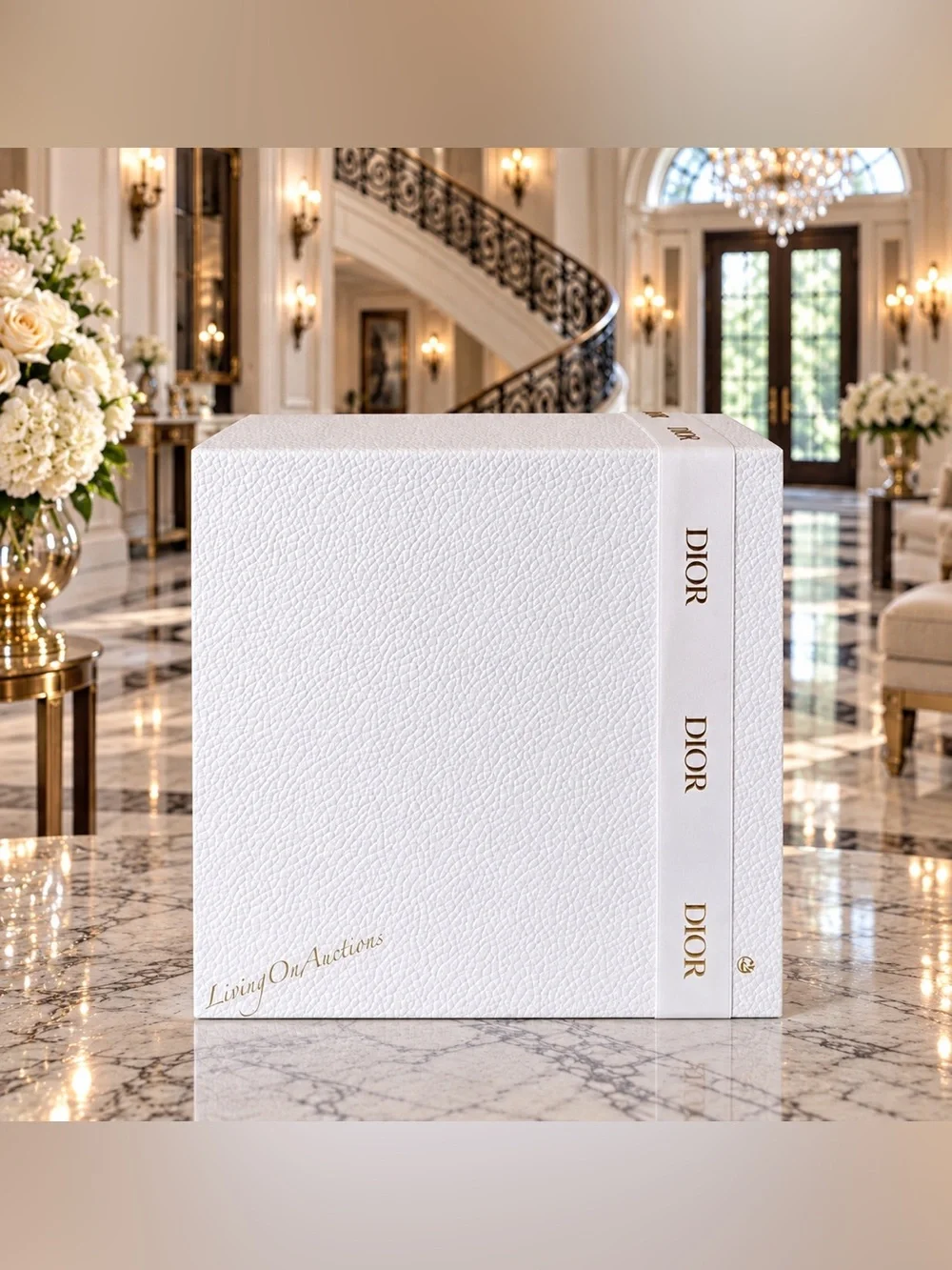 New Dior Medium Gift Box 9x9x4.5” White Textured Gold Logo Ribbon Holiday Card
