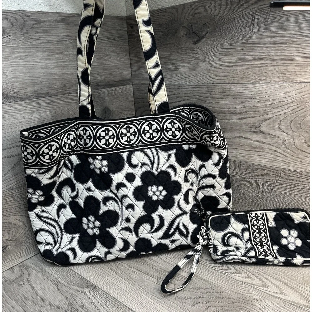 White With Black Floral Handbag By Vera Bradley With Wristlet Cosmetic Bag