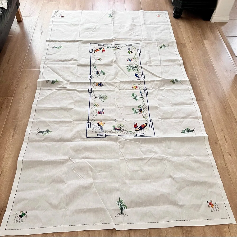 Antique Oriental‎ Country Lifestyle Hand Embroidered Tablecloth 95” X 53” Mint