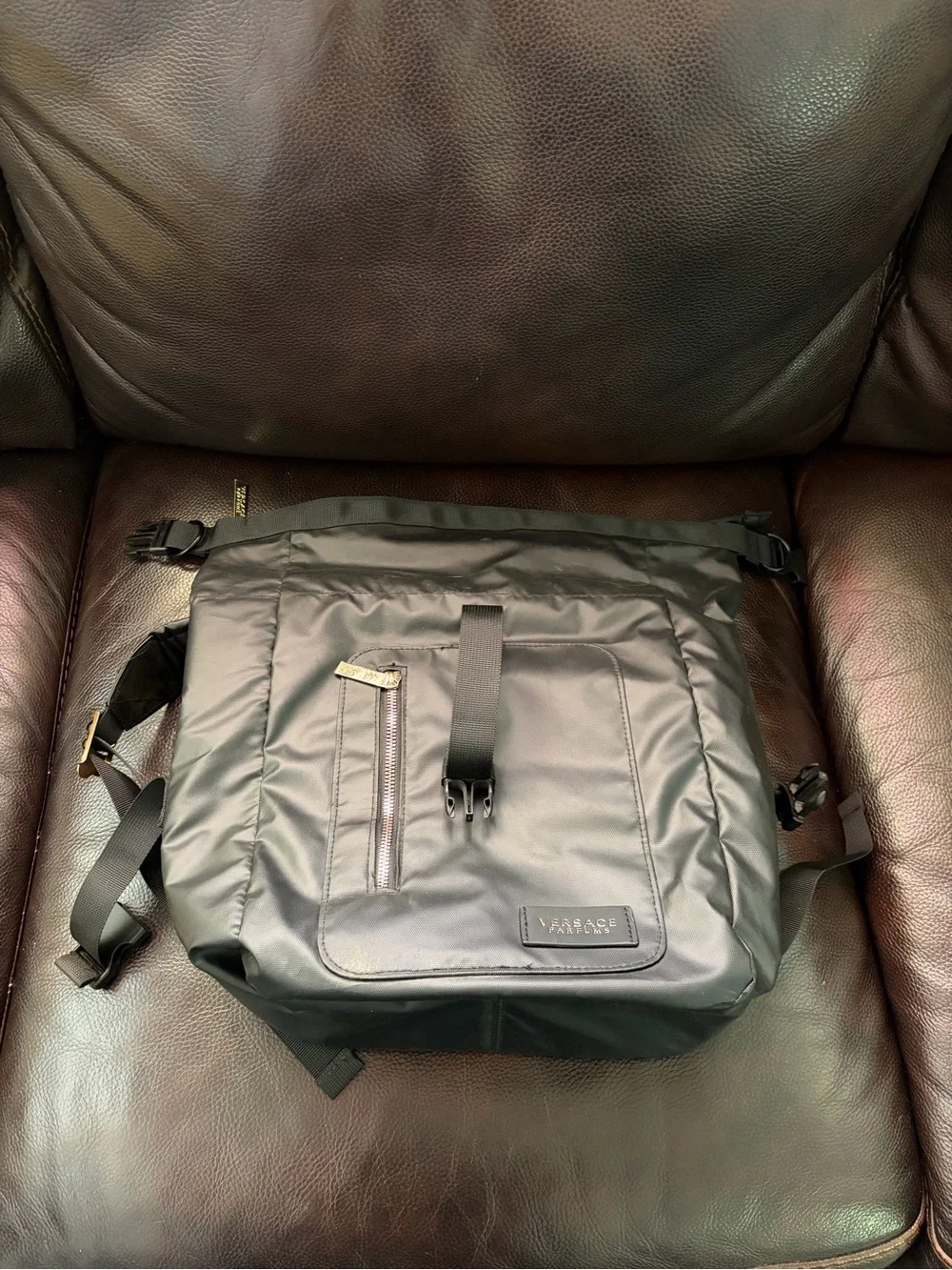 Men's Black Backpack with Gold Geometric Strap Accents