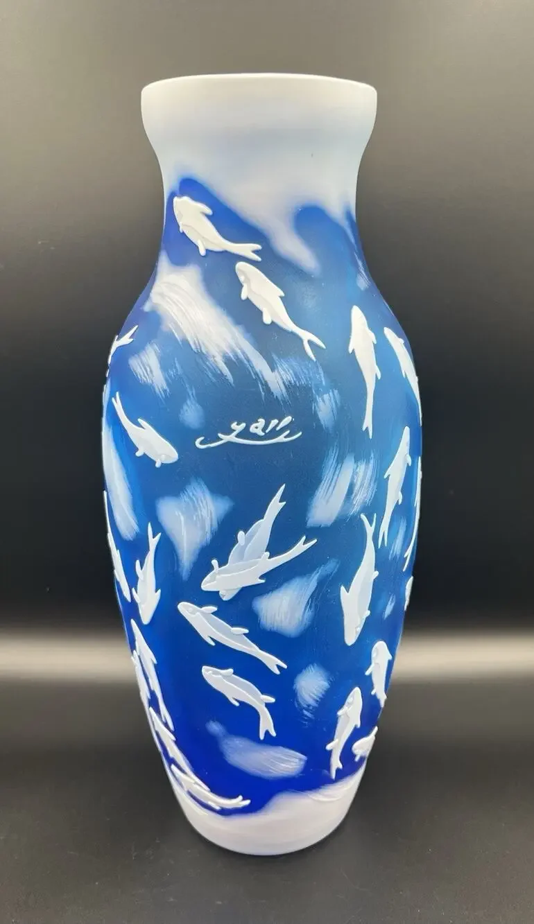 Emile Galle Reproduction Blue Cameo Glass Vase with White Fish 14” Coastal Decor