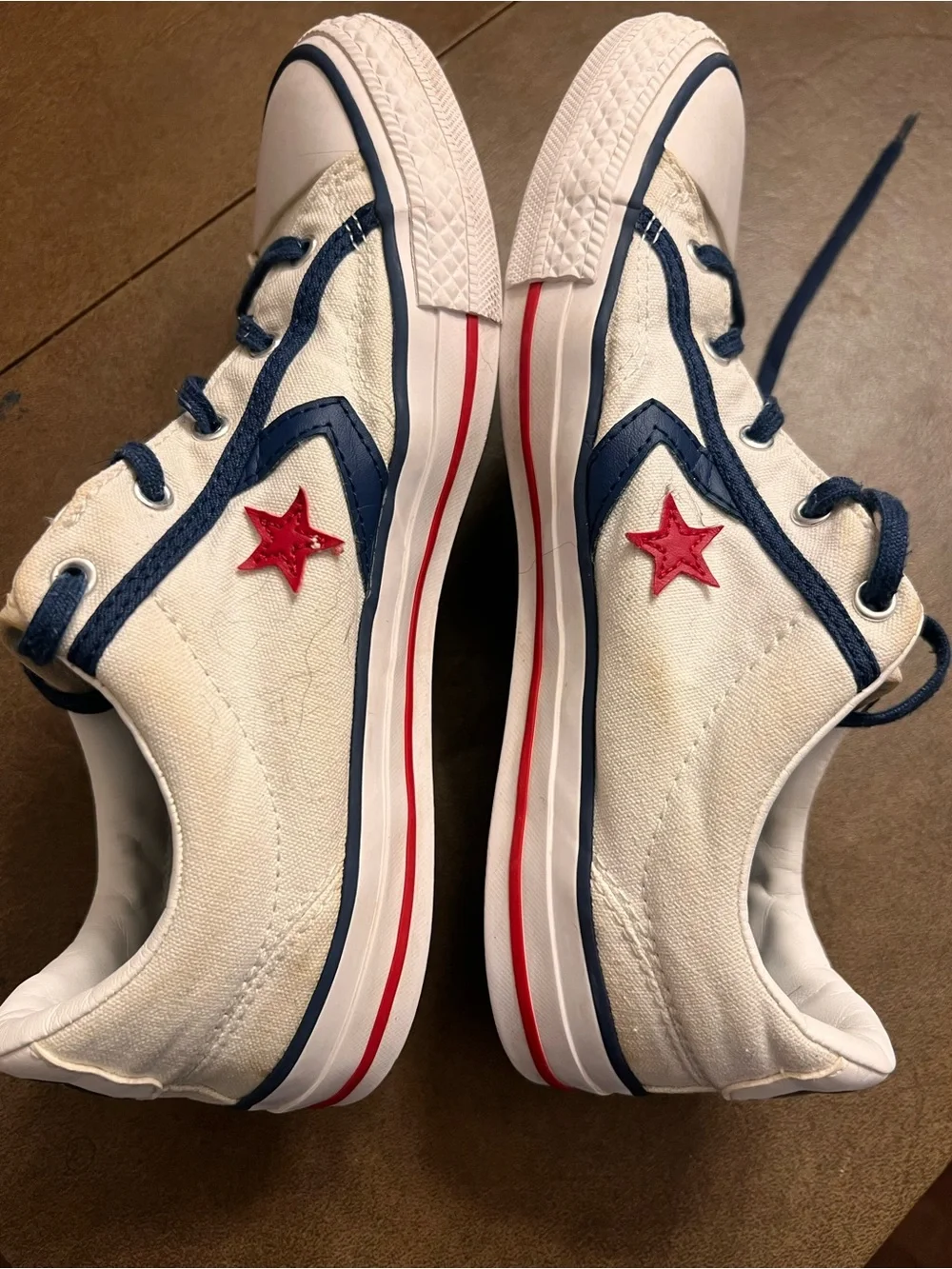 Converse Kids White Canvas Sneakers with Navy Trim and Red Star Accent