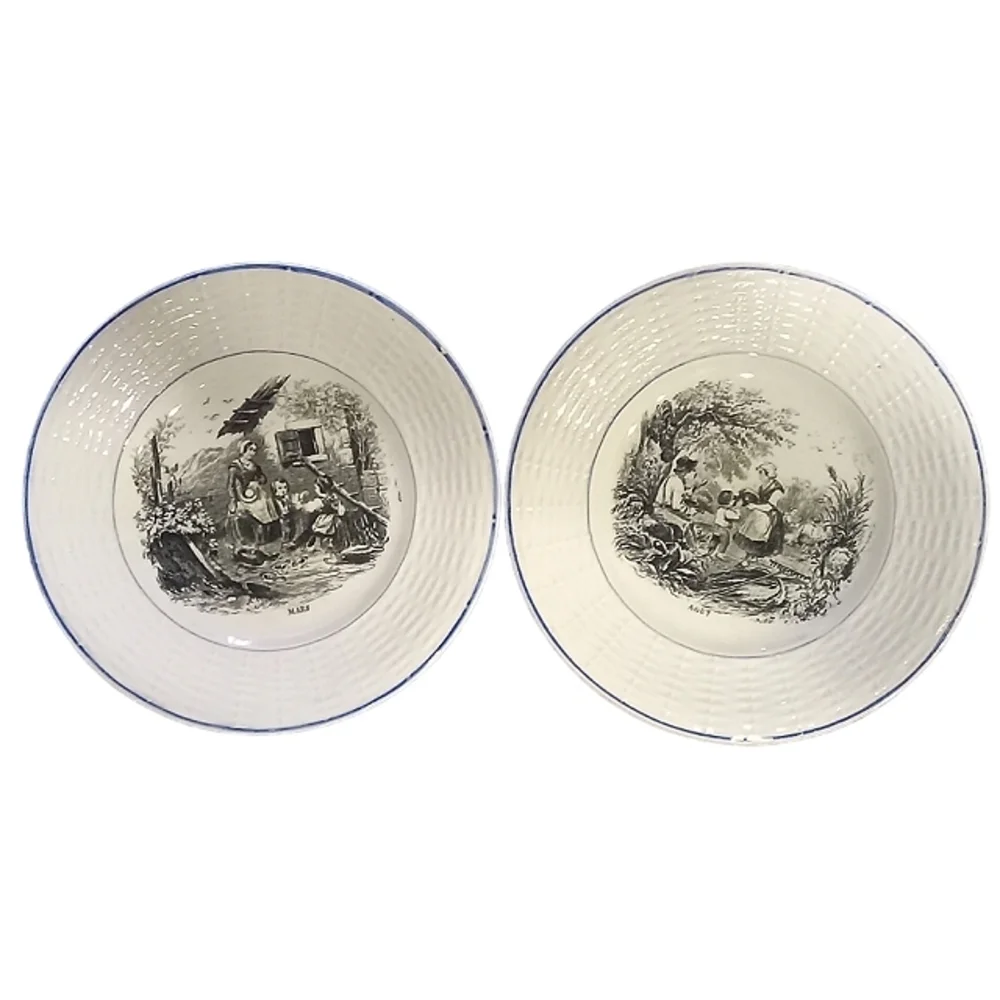 White Ceramic Serving Bowls with Blue Rim - Set of 2