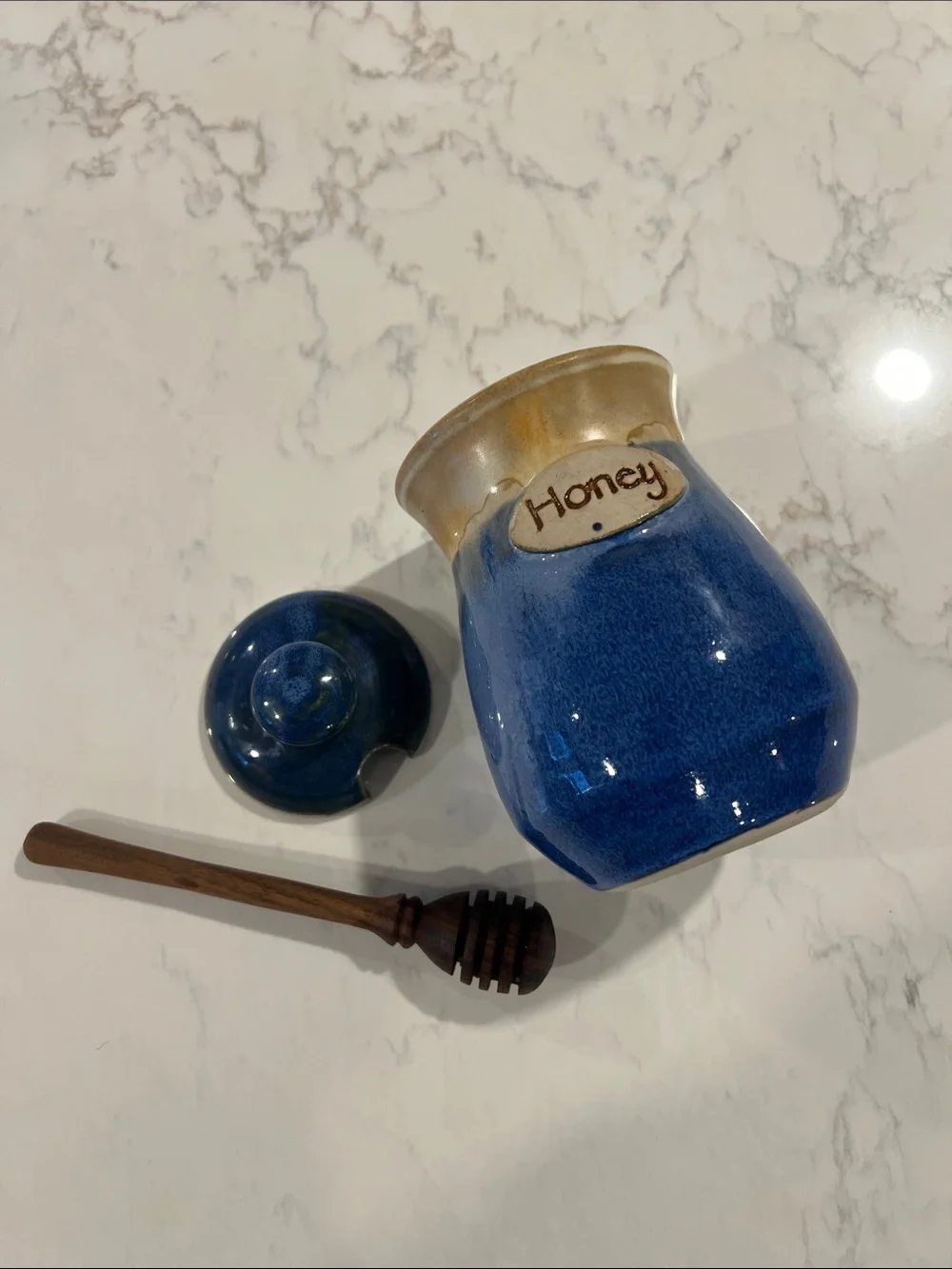 Handmade Blue Ceramic Honey Jar, Lid and Dipper, Homestead Pottery, Waco, Texas