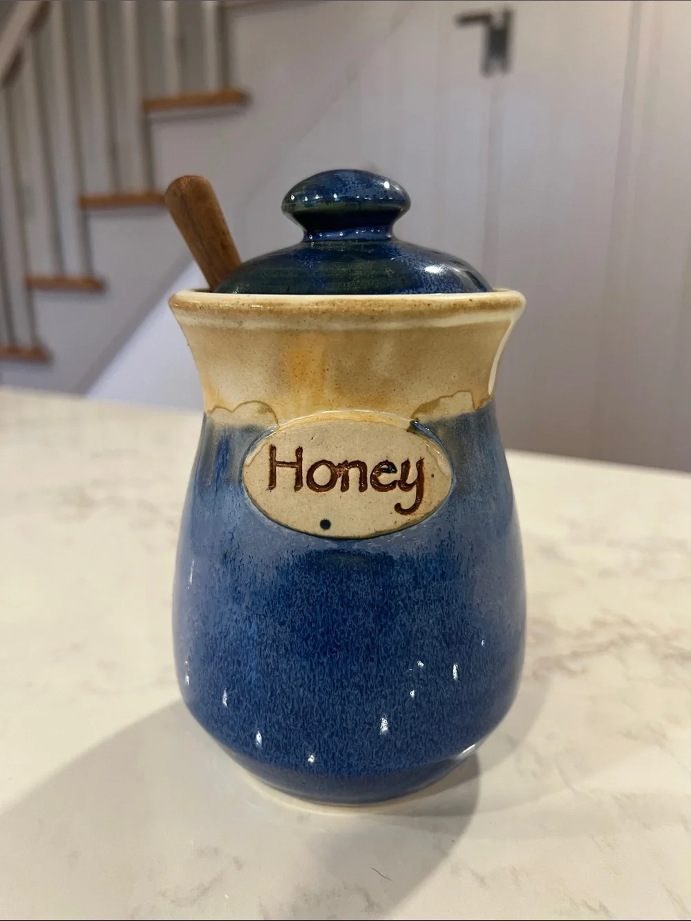 Handmade Blue Ceramic Honey Jar, Lid and Dipper, Homestead Pottery, Waco, Texas