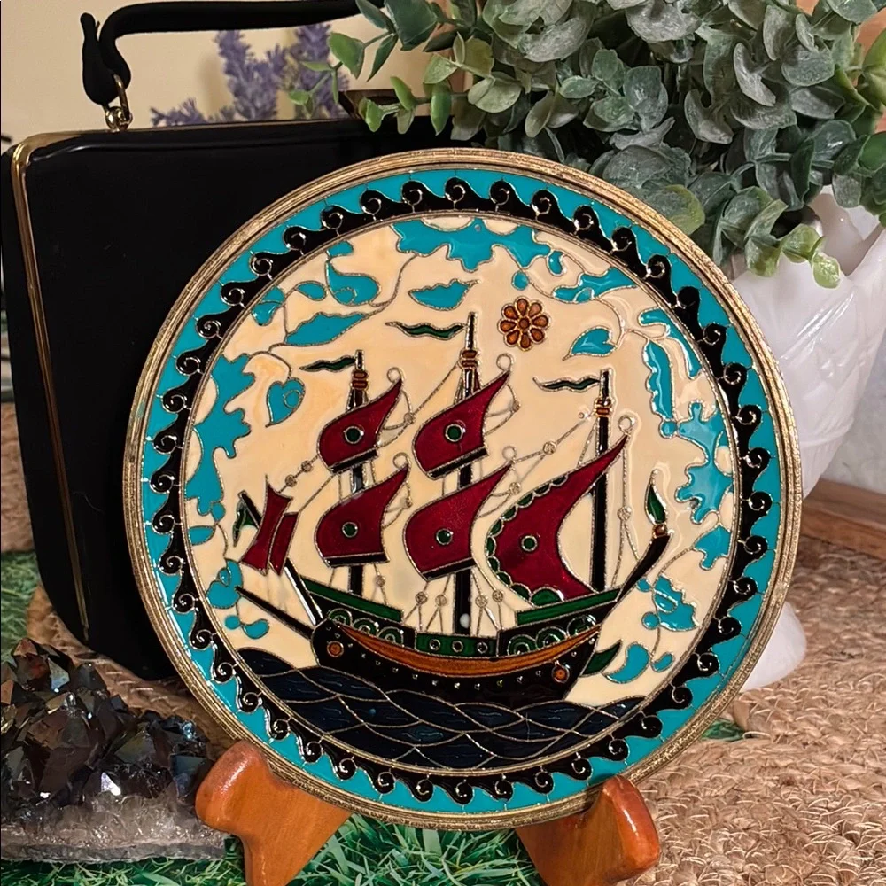 Vintage Nautical Greek Brass Plate with intricate cloisonné art work detailing