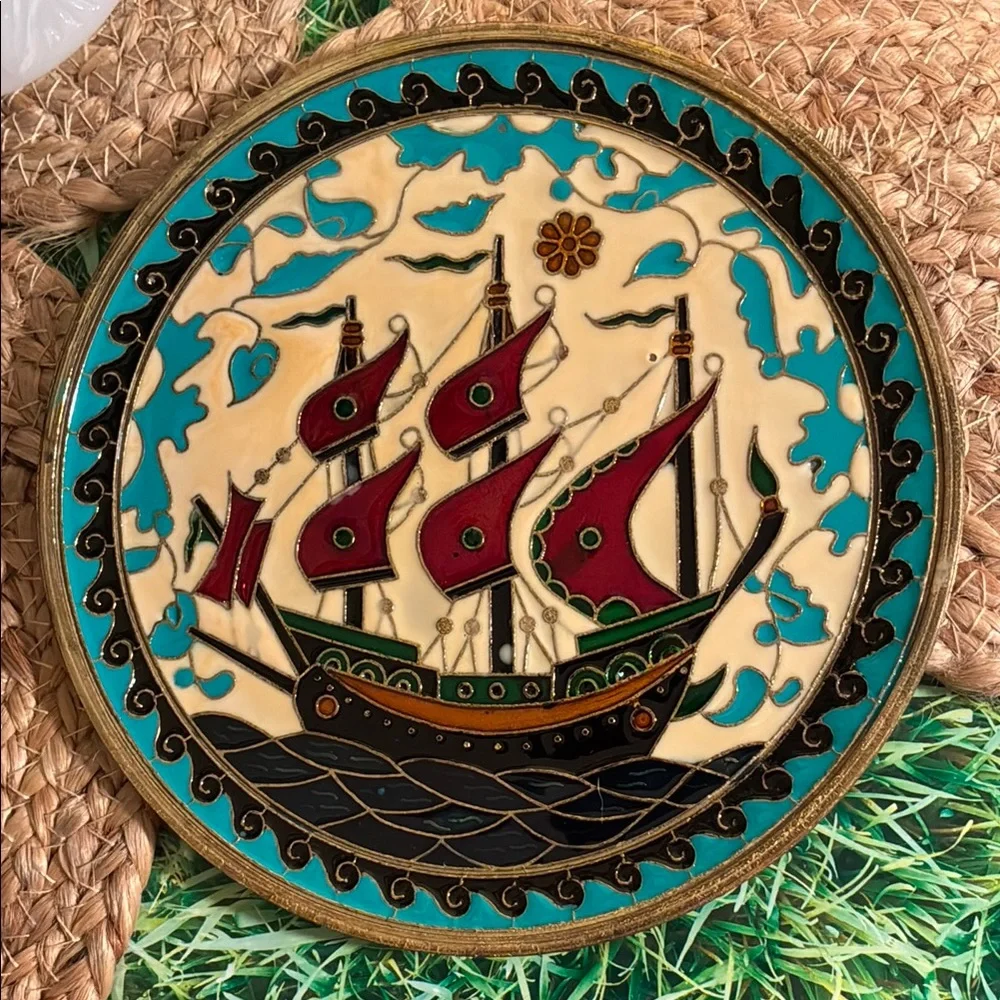 Vintage Nautical Greek Brass Plate with intricate cloisonné art work detailing