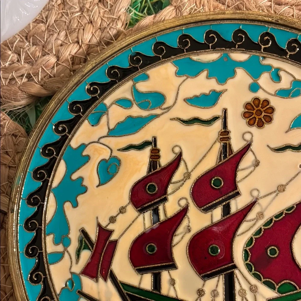 Vintage Nautical Greek Brass Plate with intricate cloisonné art work detailing