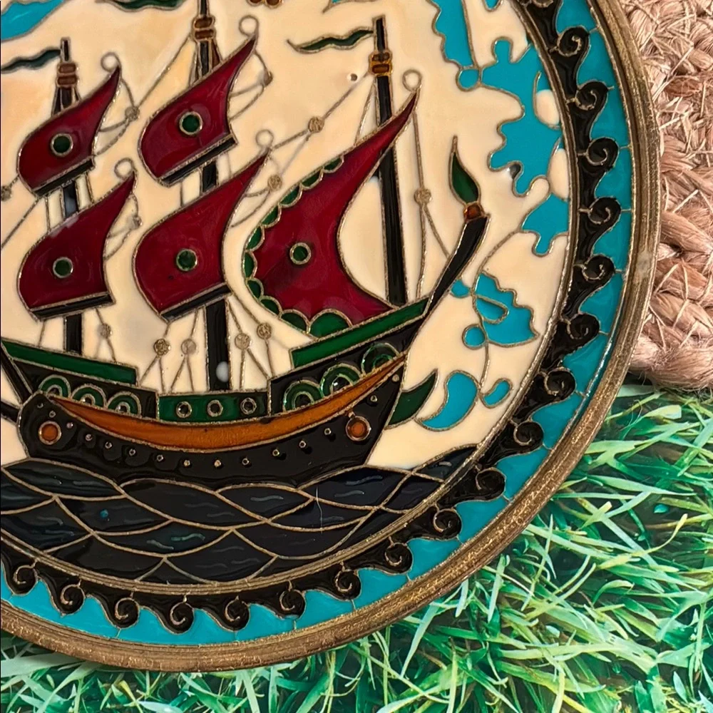Vintage Nautical Greek Brass Plate with intricate cloisonné art work detailing