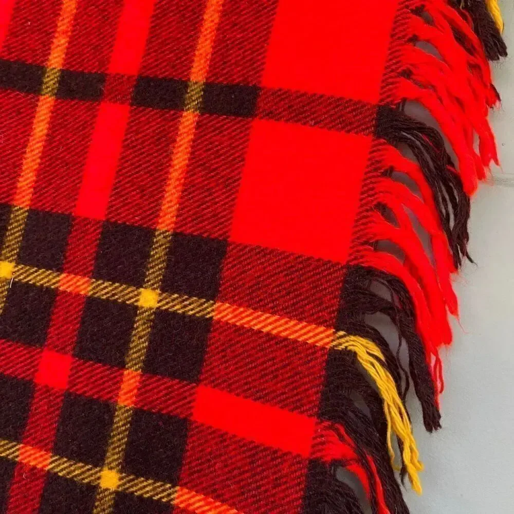 VTG Red Plaid Wool Blend Blanket Throw Fringed 54x54 Camp Picnic Stadium