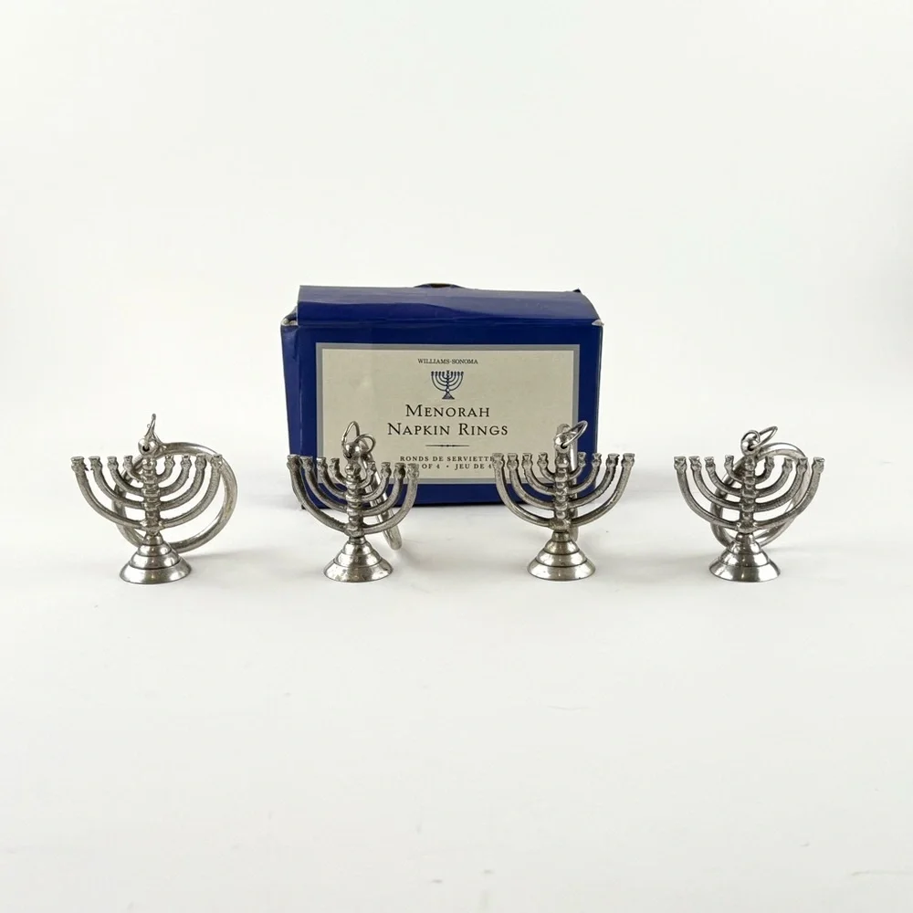 Williams Sonoma Silver Menorah Napkin Rings Set of Four