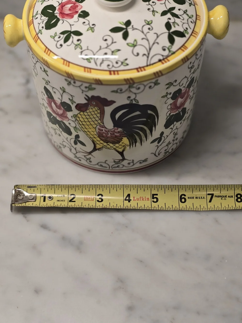 Roses And Rooster Ceramic Kitchen Canister - Yellow, Pink, Green