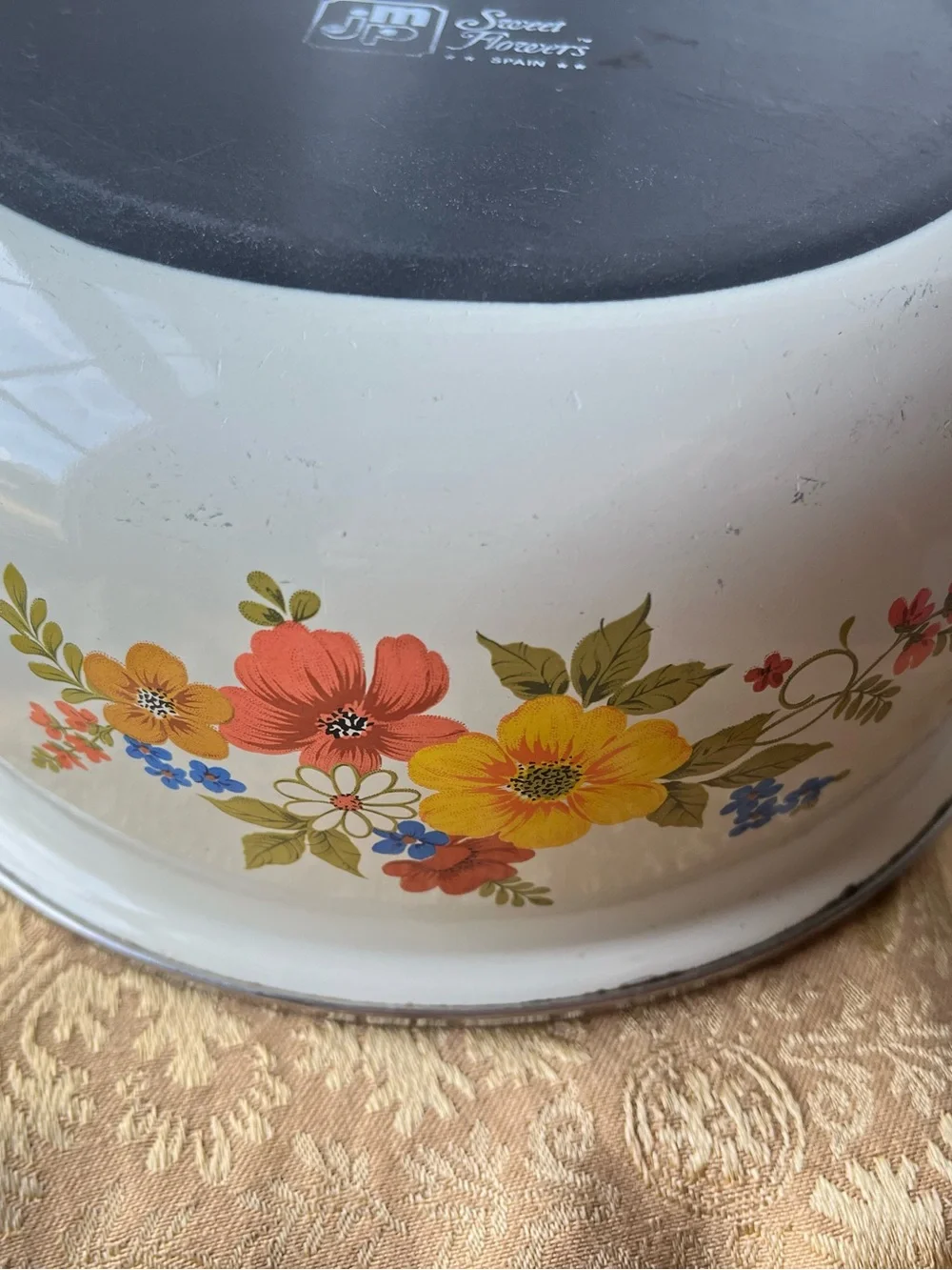 Vintage JMP Sweet Flowers Enamelware Sauce Pot-Dutch Oven Retro 1970s - Spain