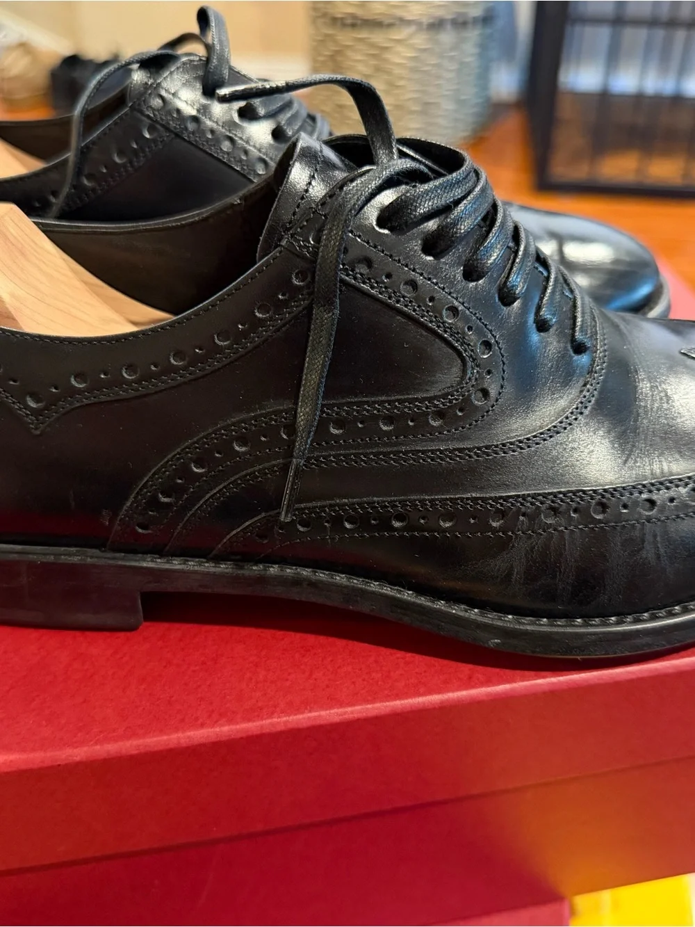 Salvatore Ferragamo Black Leather Wingtip Derby Shoes