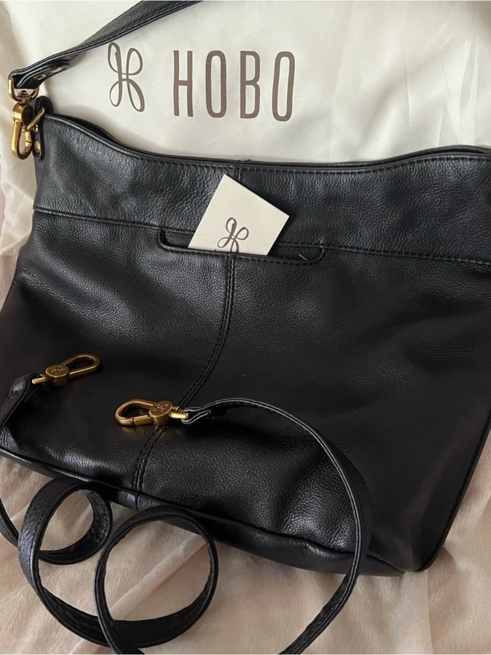 Beautiful HOBO Black Leather Shoulder Bag -Pier. Includes both straps dust bags
