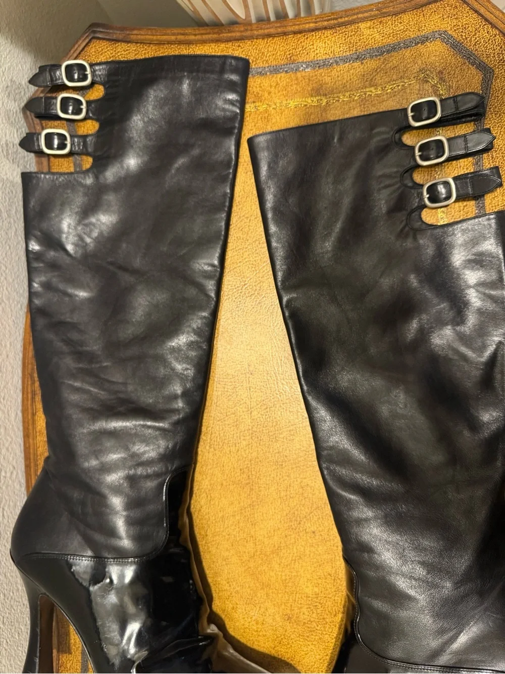 Casadei Black Knee High Leather Boots with Buckle Straps Made in Italy Size 10