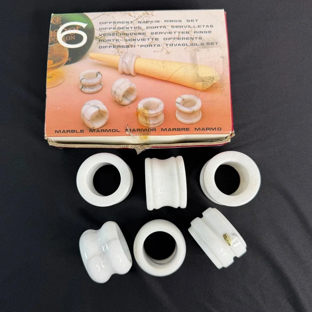 Vintage White Marble Napkin Rings Set of 6 Polished Natural Stone Taiwan in box
