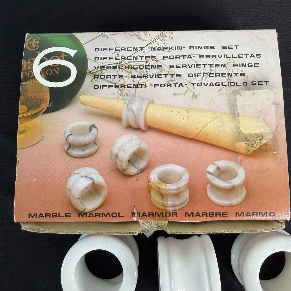 Vintage White Marble Napkin Rings Set of 6 Polished Natural Stone Taiwan in box