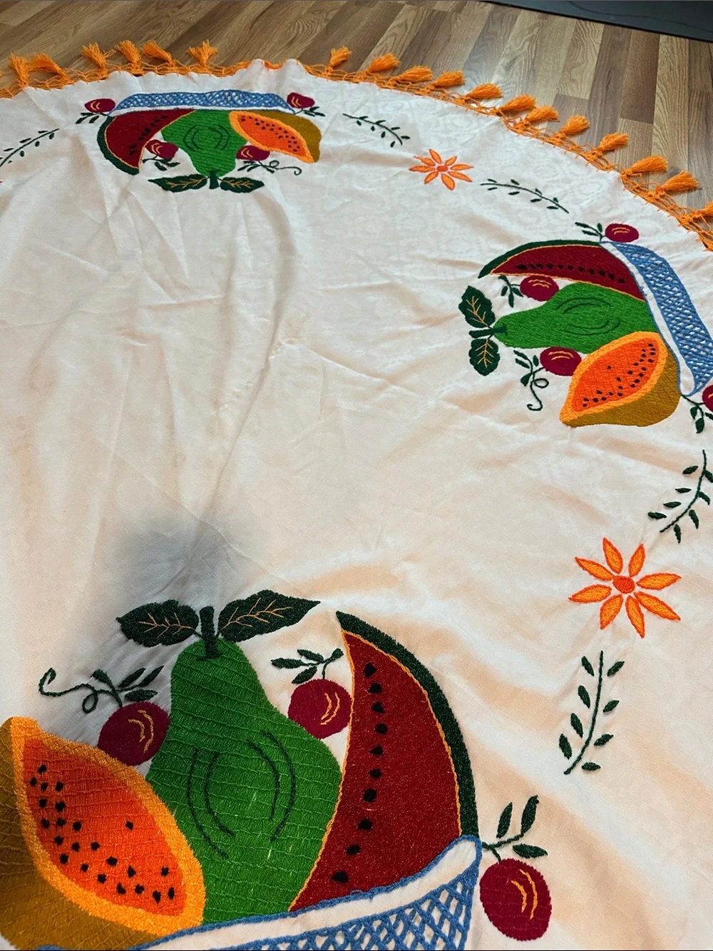 Embroidered Fruit Tablecloth - White with Multicolor Fruit Motif 49” diameter