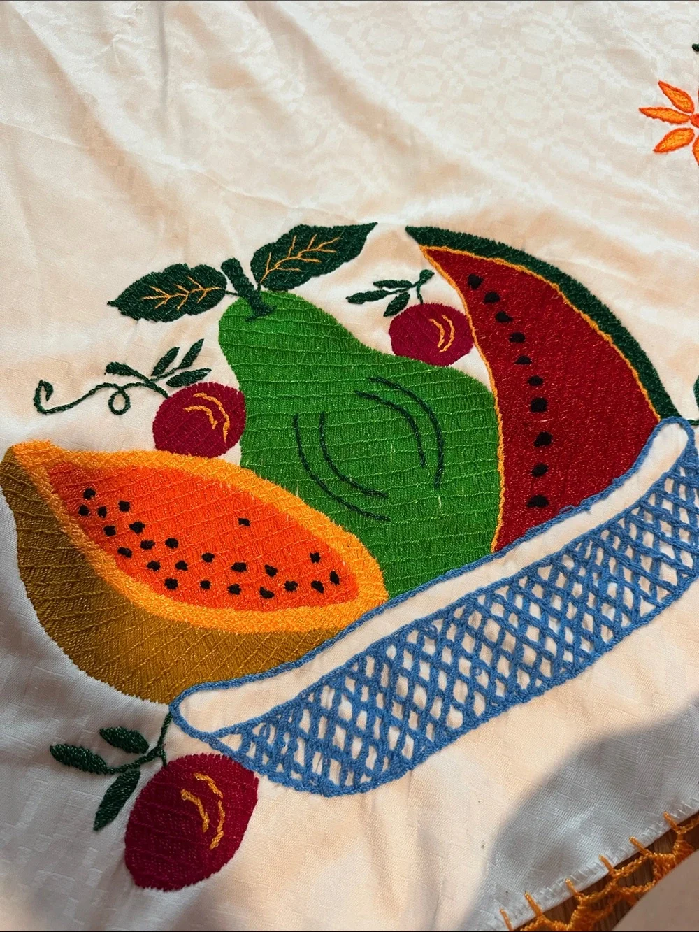 Embroidered Fruit Tablecloth - White with Multicolor Fruit Motif 49” diameter