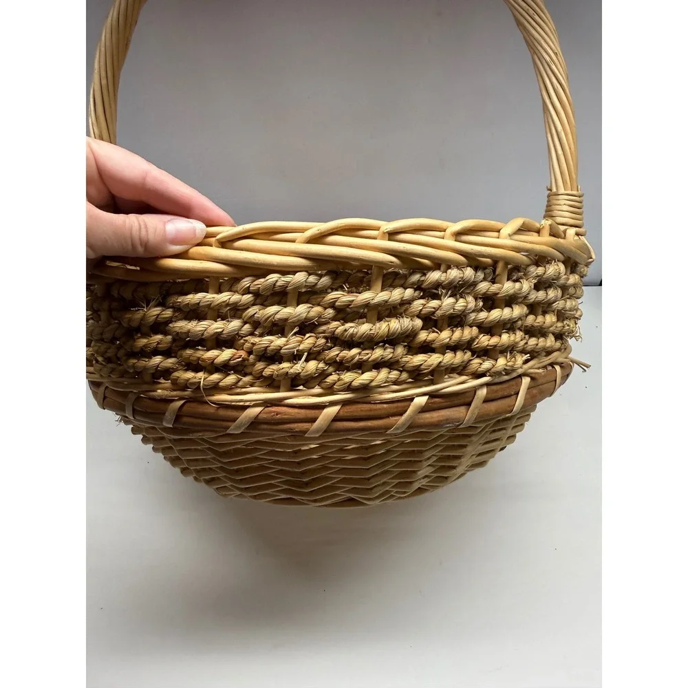 Natural Wicker Seagrass Round Basket with High Handle Farmhouse Decor 14.5in