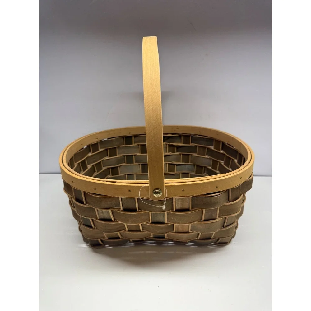 Hand Woven Wood Splint Basket with Handle Two Tone Brown Farmhouse Decor 13.5in