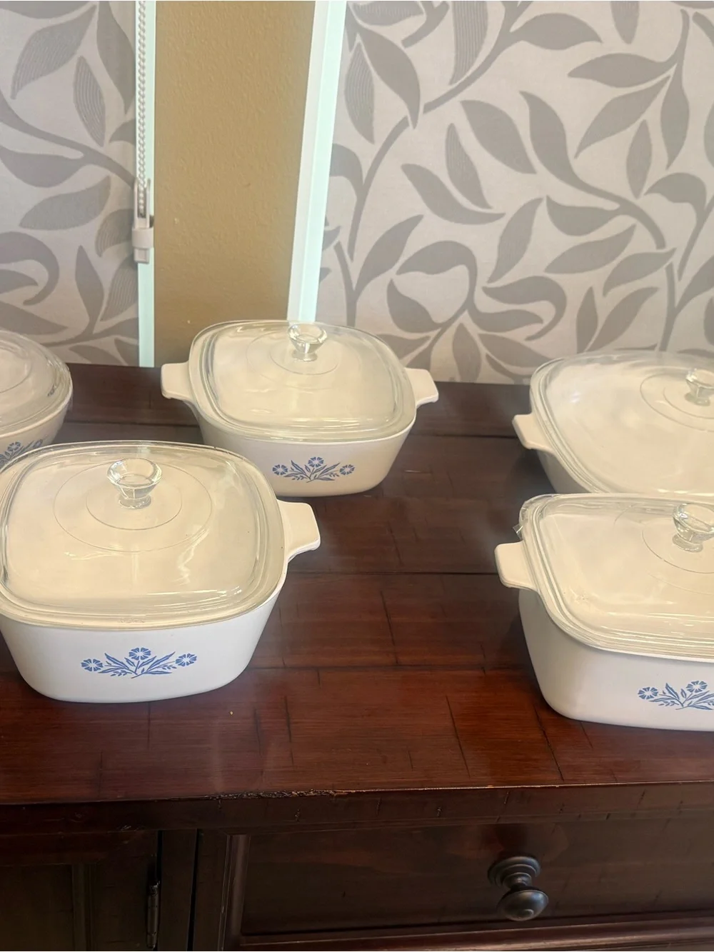Vintage Corning Ware Blue Cornflower 5 Pc Cookware Set w/ Glass Lids USA