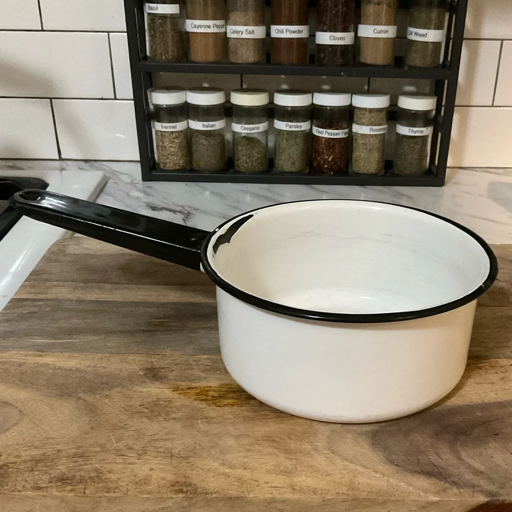 Vintage Black & White 1 Quart Enamelware Sauce Pan