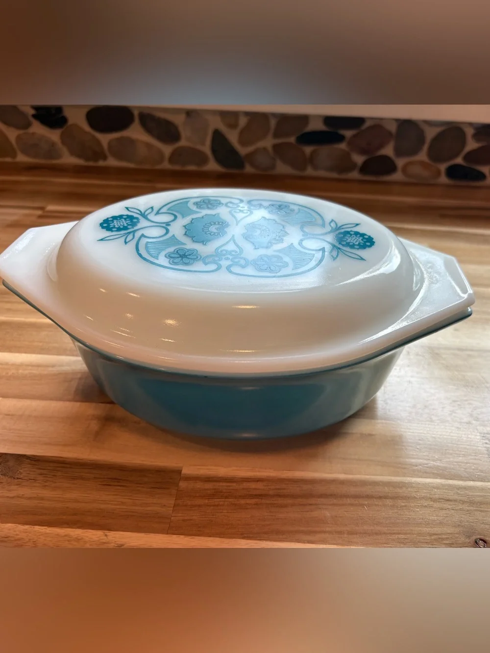 PYREX 1969 Blue Horizon 1.5 qt oval casserole dish with matching lid VINTAGE MCM