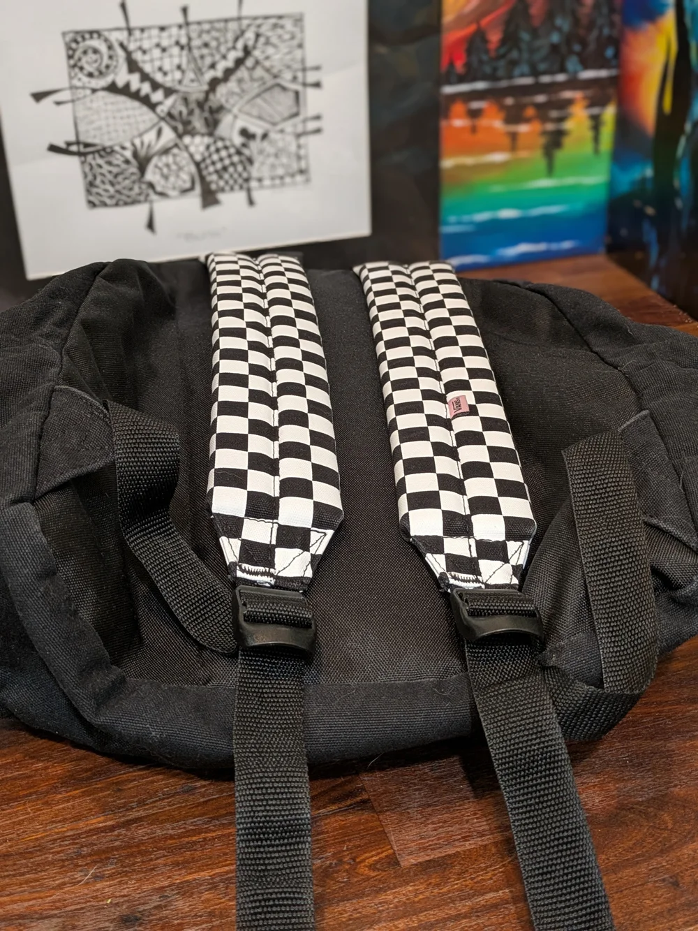 Vans Lazy OAF Backpack Black Backpack with Checker Straps Clean Inside And Out