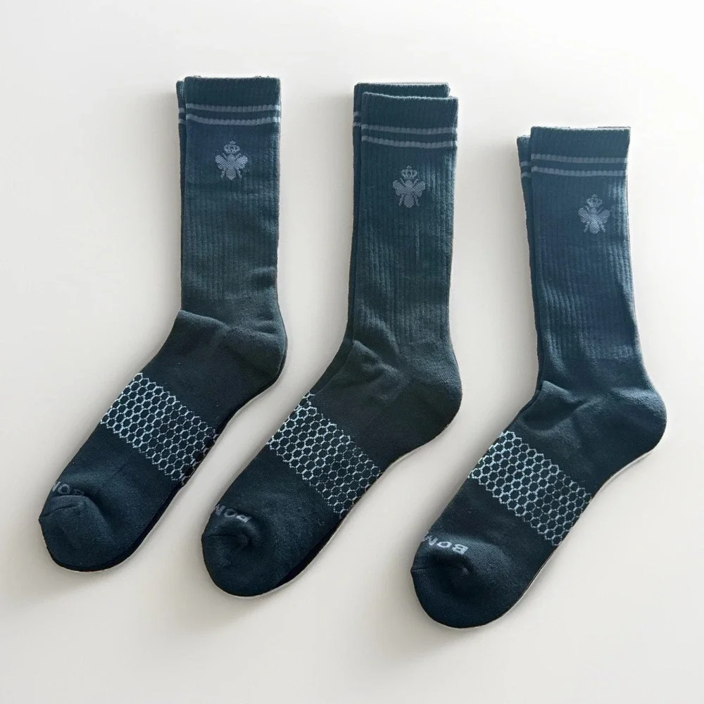 LOT OF 3 Bombas Men's Crew Socks XL Black/Gray Striped Sporty Casual Gym NWOT