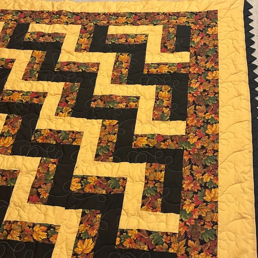 Handmade Autumn Leaf Patchwork Quilt Zig Zag Geometric Gold Black