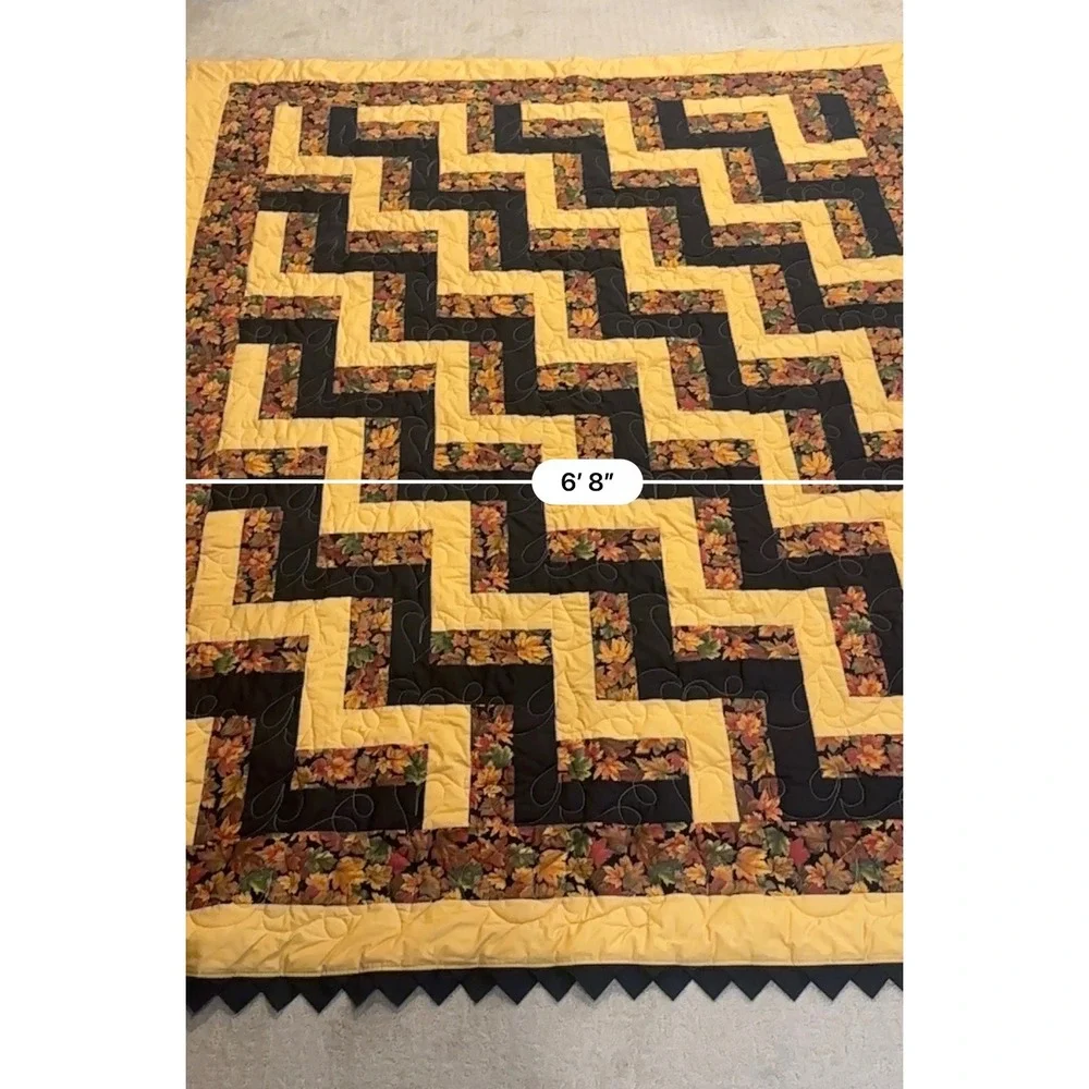 Handmade Autumn Leaf Patchwork Quilt Zig Zag Geometric Gold Black